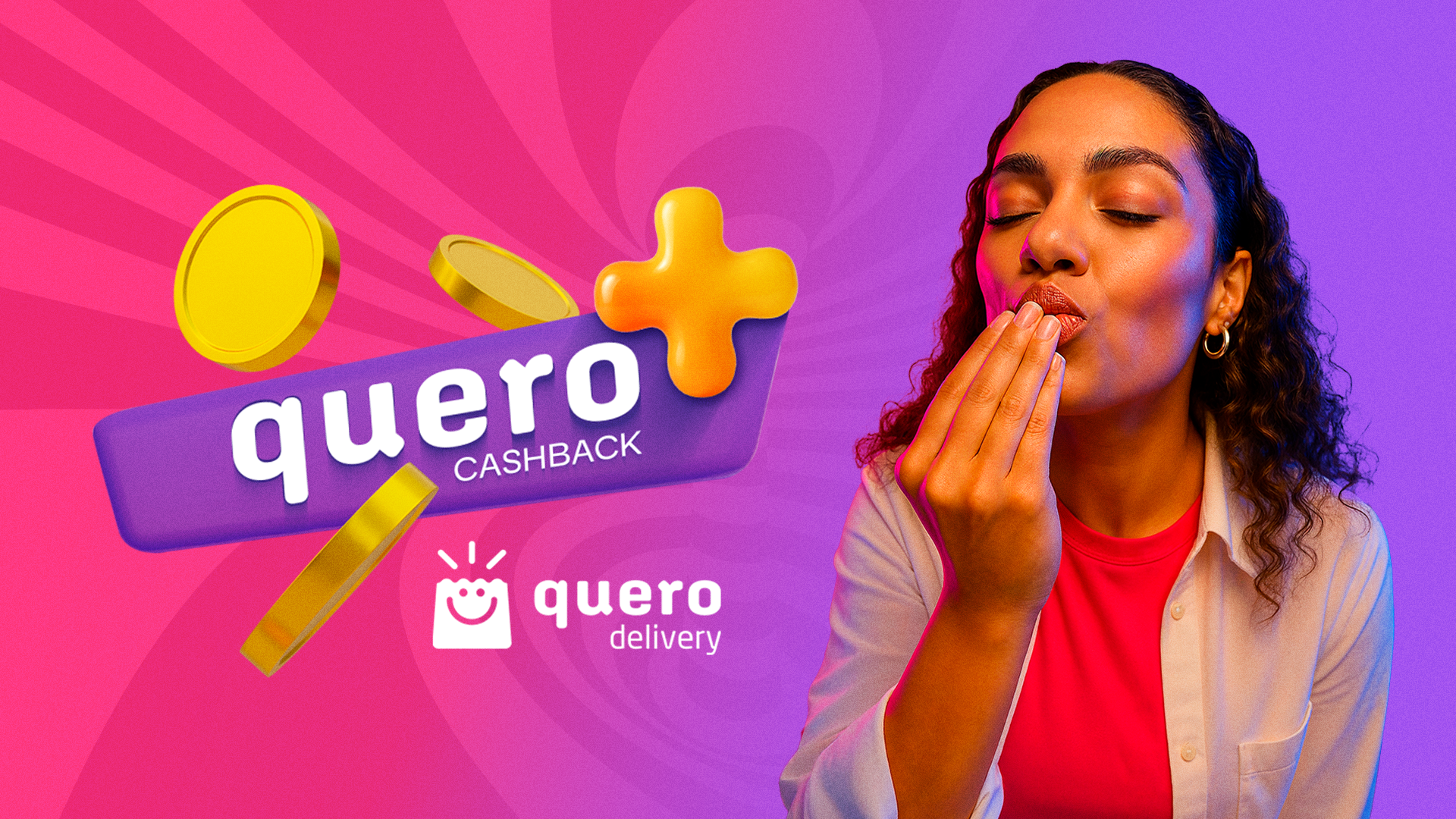 Arte promocional do Quero Cashback com mulher sorrindo e moedas douradas sobre fundo roxo
