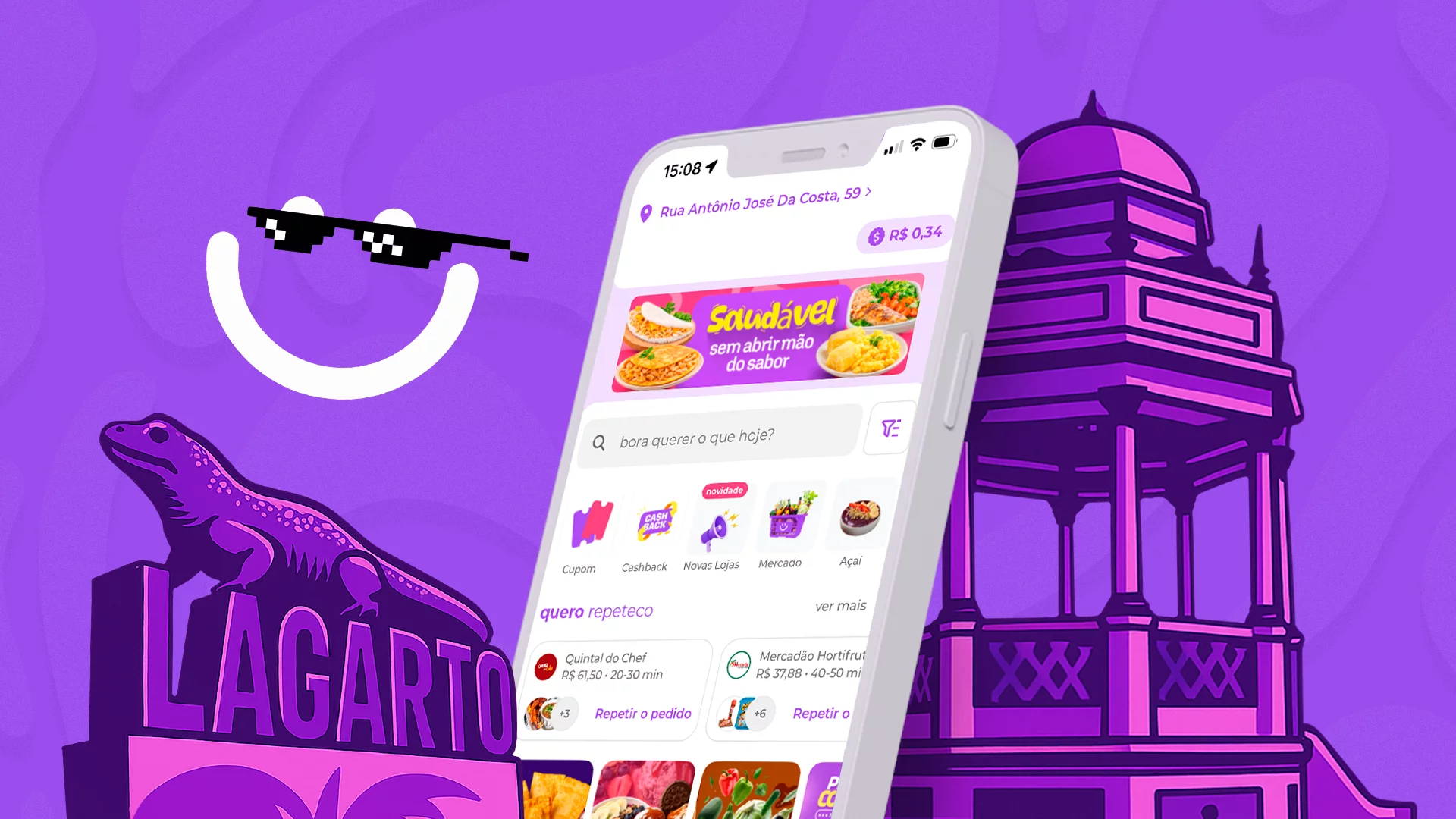 Aplicativo Quero Delivery em celular com fundo roxo e monumentos de Lagarto, destacando delivery na cidade